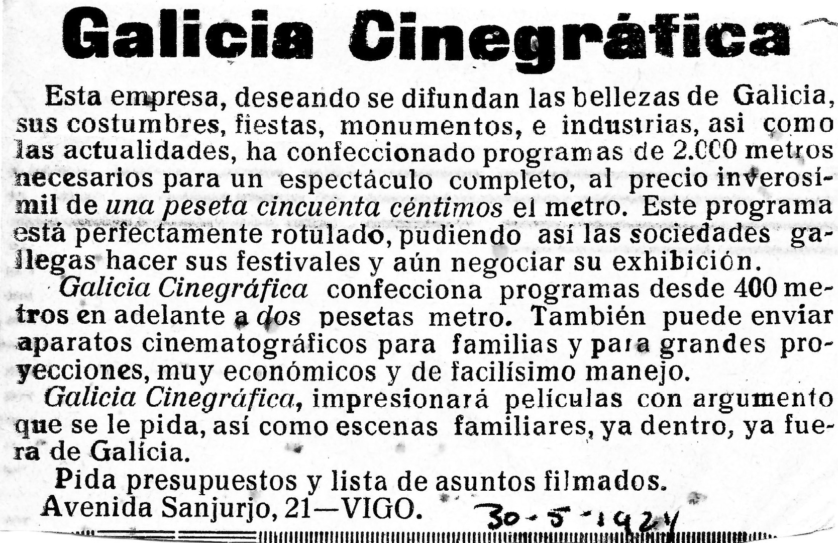 Publicidade de Galicia Cingráfica, 1924