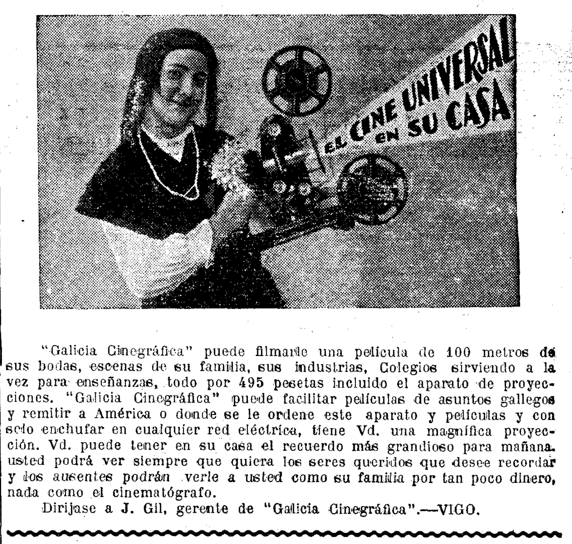 Publicidade de Galicia Cinegráfica orientada ao cinema doméstico, 1929