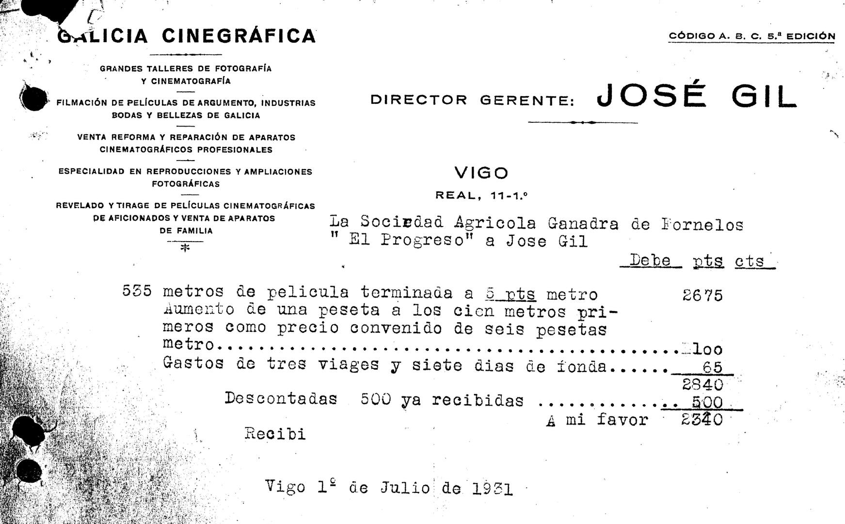 Factura de Galicia Cinegráfica, 1931
