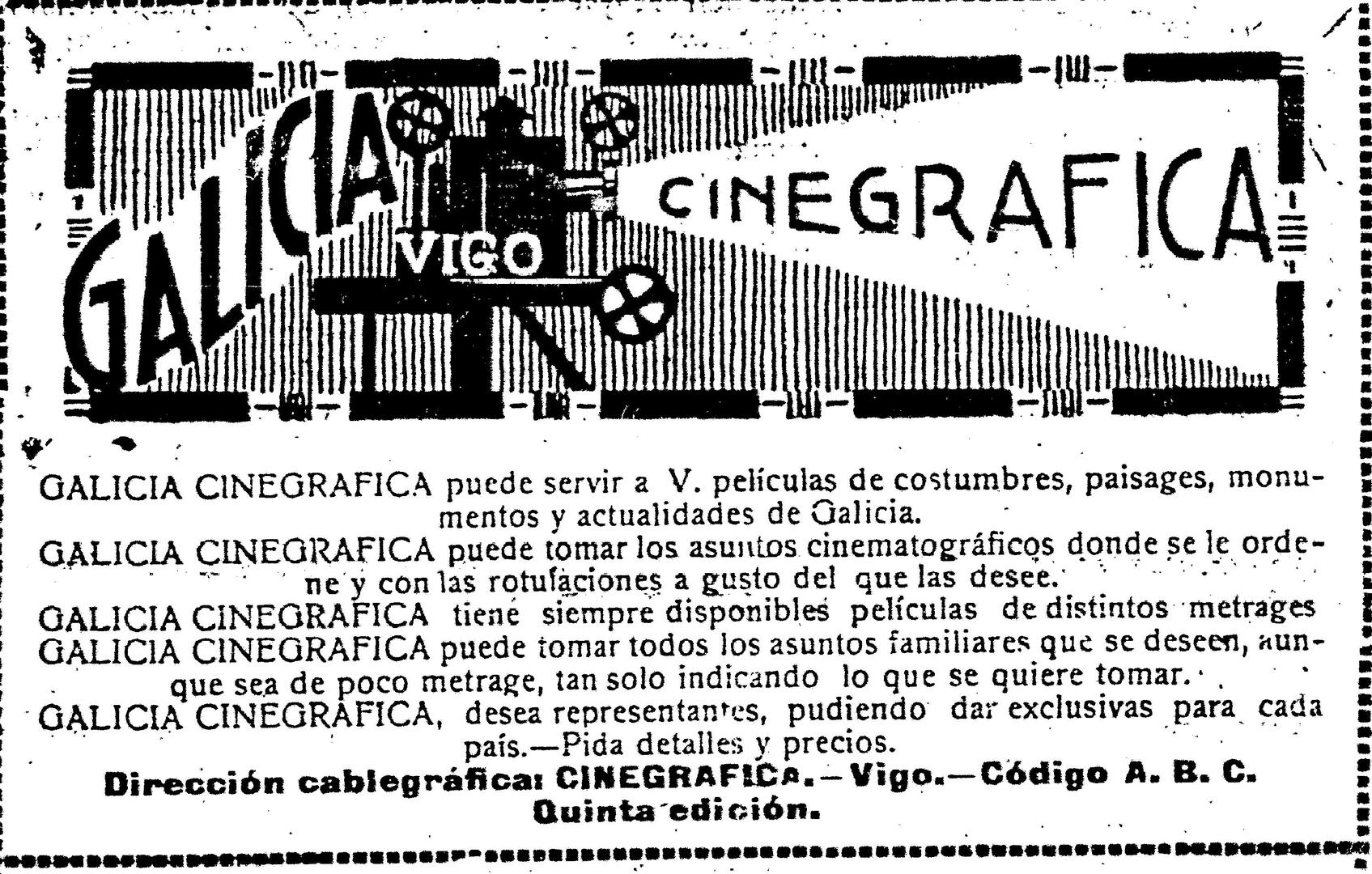 Publicidade de Galicia Cinegráfica en 1922
