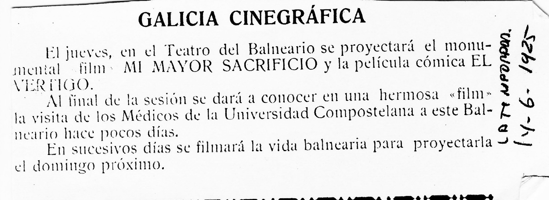 Programación do cine do Balneario, 1925