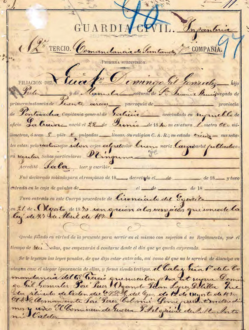 Solicitude de ingreso na Guardia Civil Santander, 1870