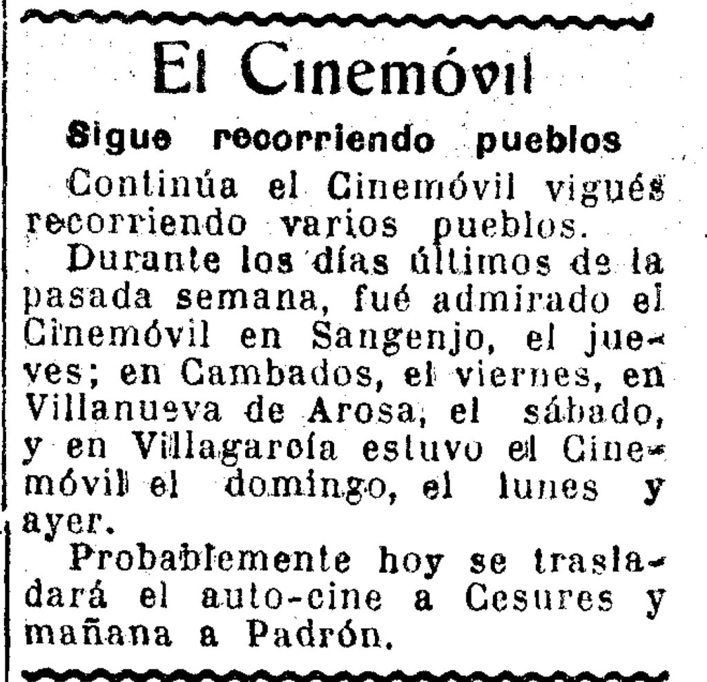 Cinemóbil Nº 2 en Sanxenxo 6/11/1929